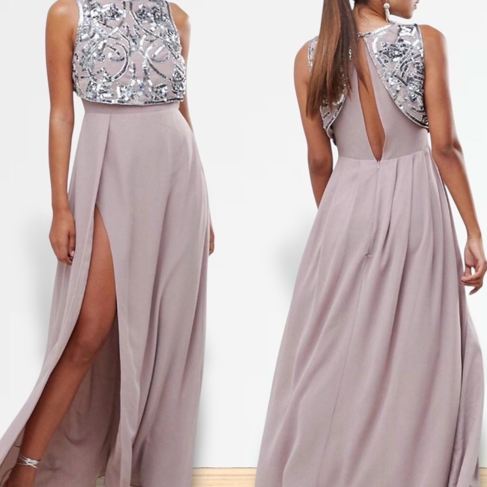 ASOS Mauve Pink / Purple Chiffon Side Slit Gown w/ Silver Sequin Embellishments